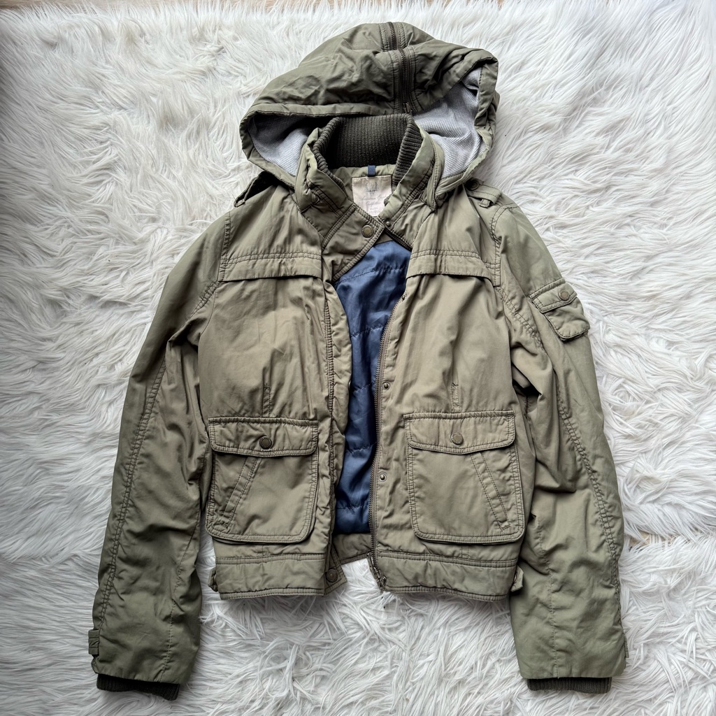 Vintage Y2k Aeo Bomber Cargo Utility Military Style Jacket Coat Hooded Green Xl